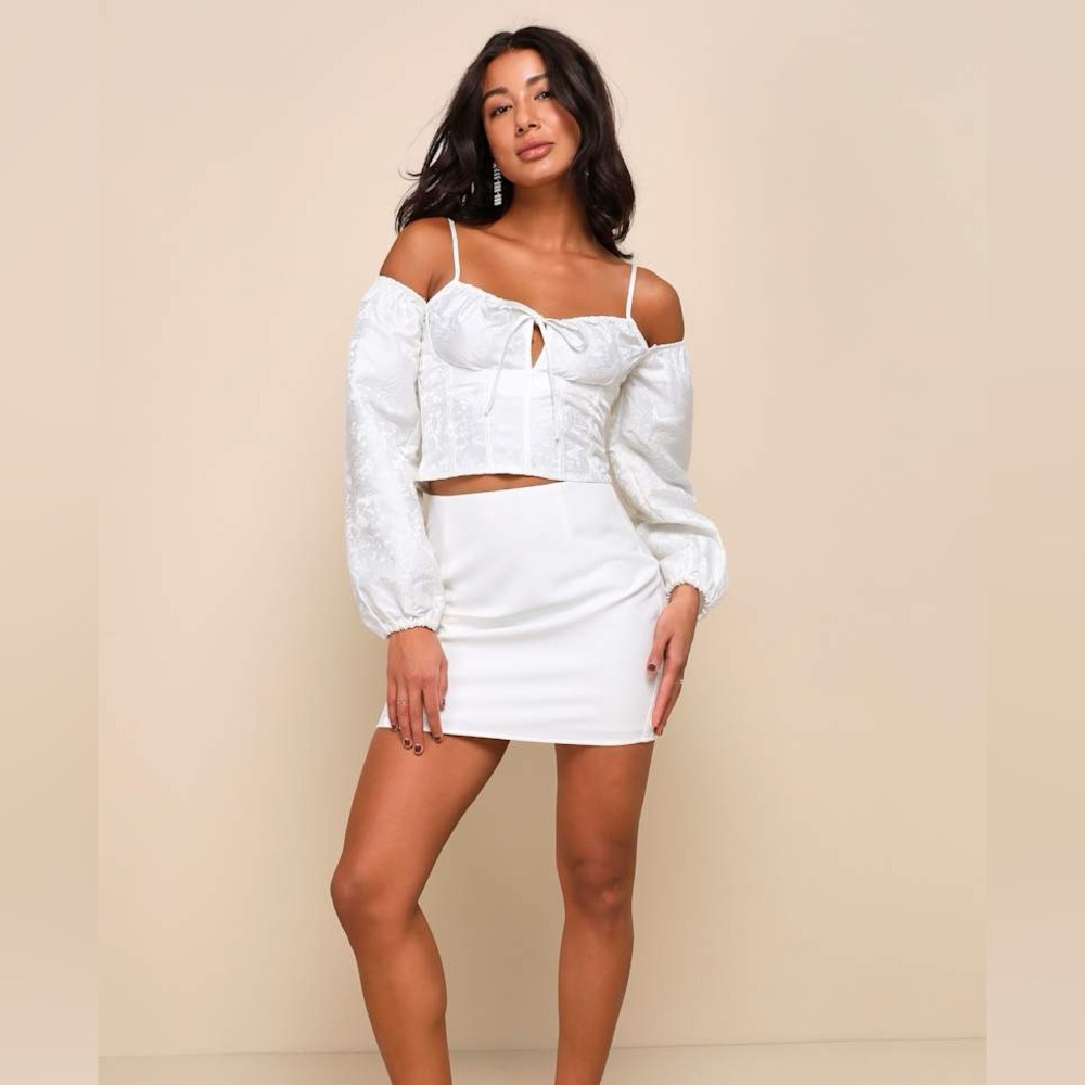 Lulus Romantic Expression Ivory Jacquard Off-the-Shoulder Bustier Top Size M